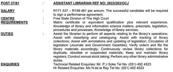 assistant librarian vacancy at the dept of the chief justice 1