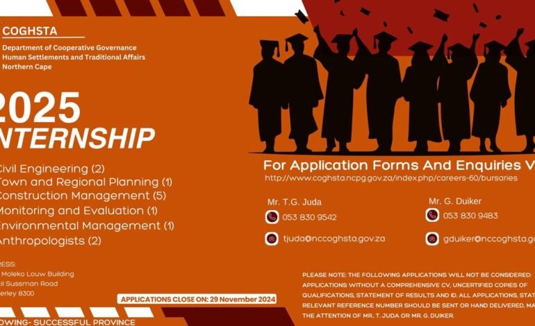 Northern Cape Internship Opportunities – Department of Co-operative Governance, Human Settlements and Traditional Affairs for 2024 – 2025