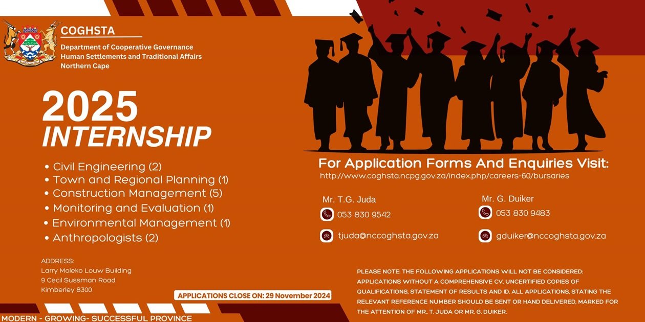 Northern Cape Internship Opportunities – Department of Co-operative Governance, Human Settlements and Traditional Affairs for 2024 – 2025