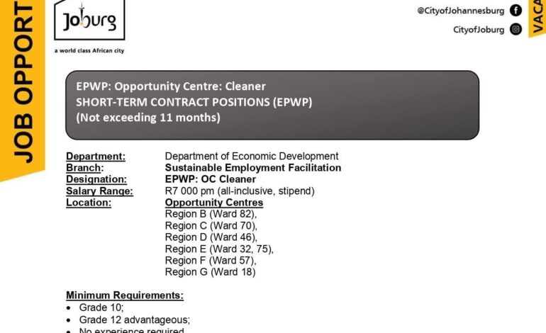 City of Johannesburg EPWP Cleaner Vacancy -No experience required.