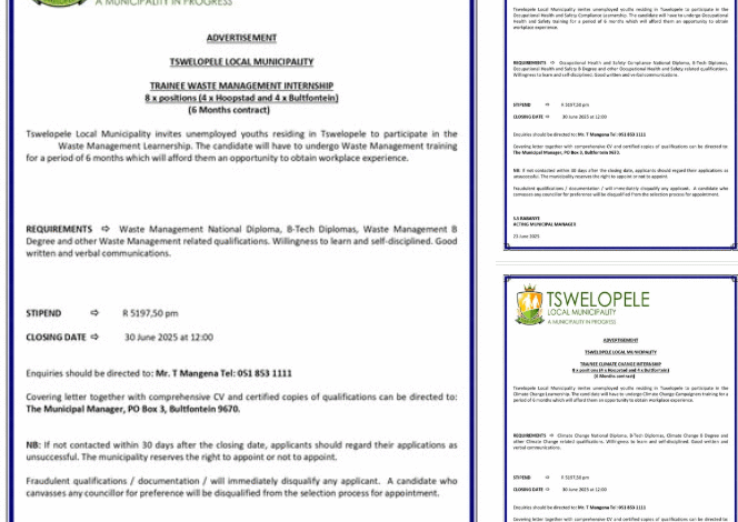 Tswelopele Local Municipality Internship x8 posts